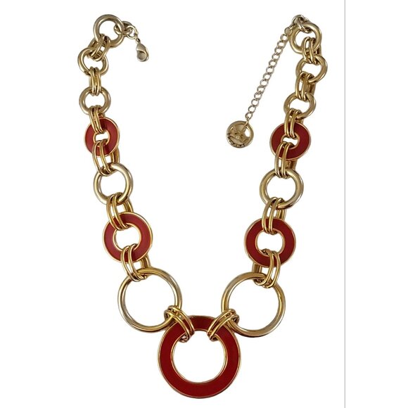 Trifari Gold Tone Red Enamel Open Round Chain Rings Link Necklace 18" Long, K532 - Picture 2 of 6